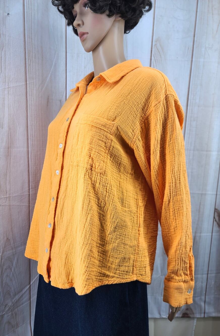 Maurices Women L Orange Cotton L. Sleeves Button-Up Top Crinkle Texture Fabric